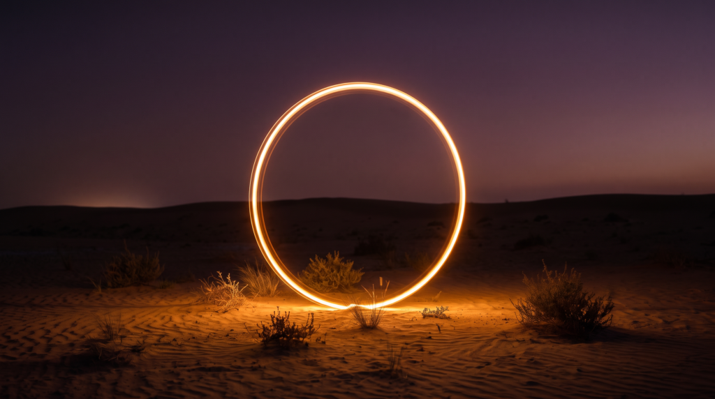 Glowing ring standing in a desert at dusk"